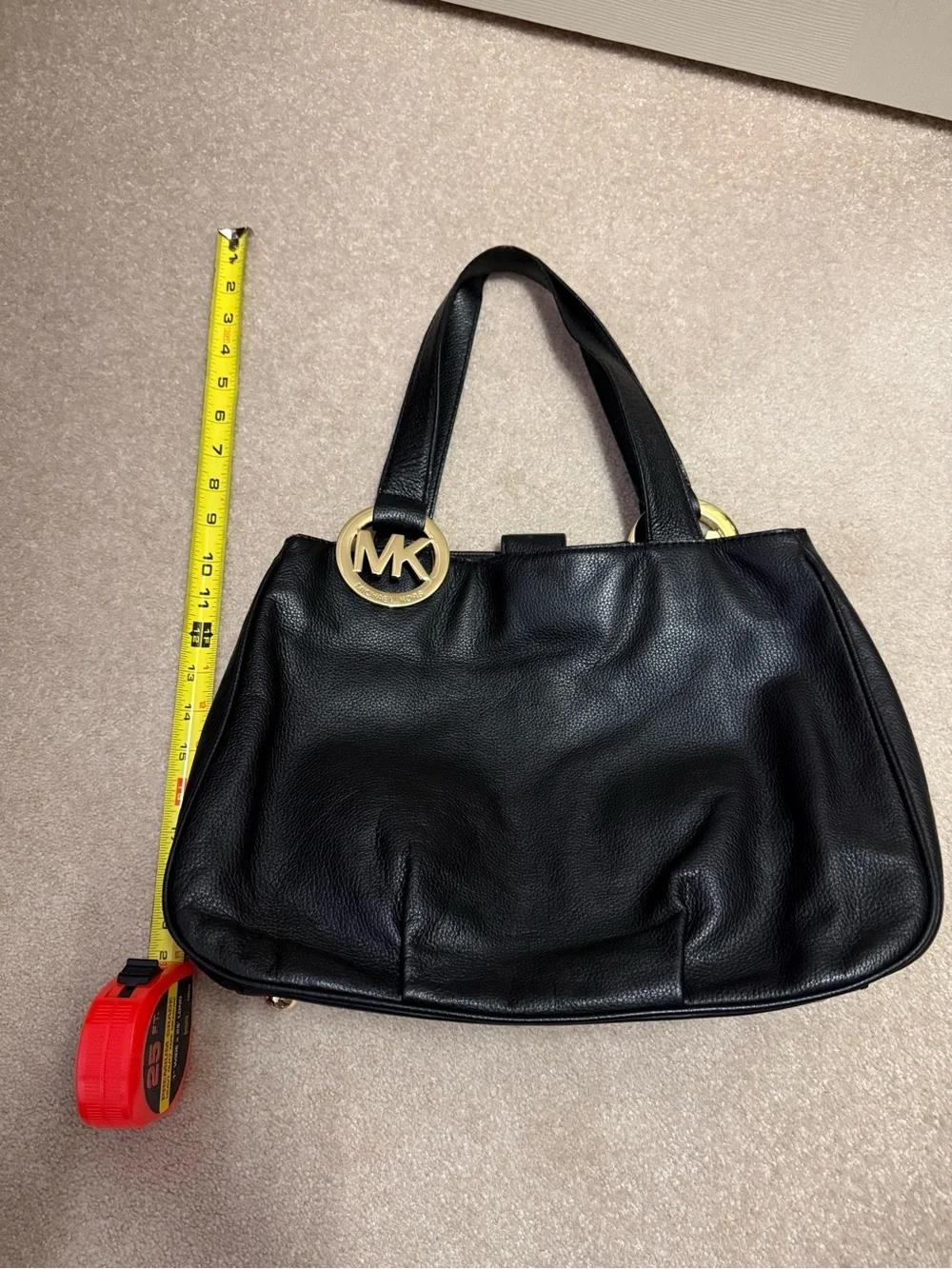 Michael Kors Black Leather Shoulder Tote with Gold MK Charm